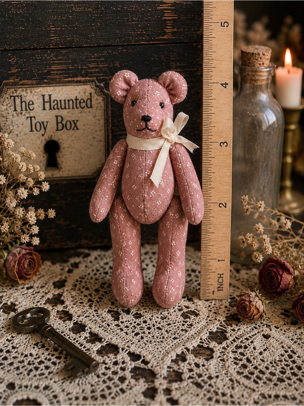 Vintage 5” jointed Dusty Rose Plush Bear with Cream Bow